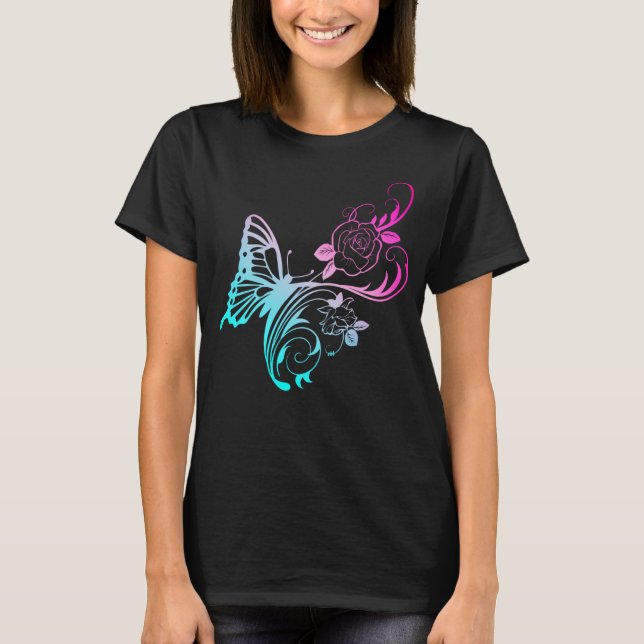 Mariposa azul y flor rosa elegantes camiseta (Anverso)