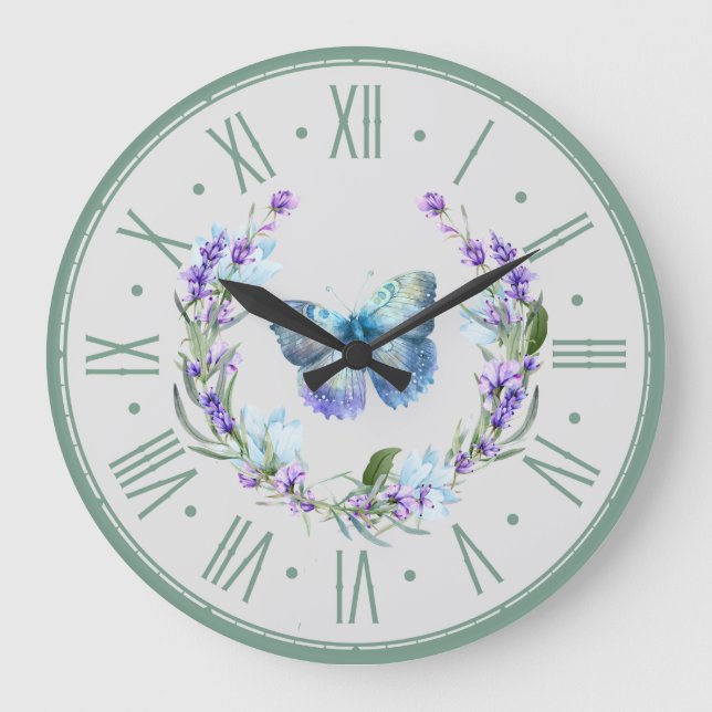 Mariposa azul y reloj de pared de lavanda (Anverso)