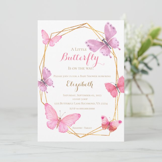 Mariposa BabyShower invitación púrpura rosa (Anverso de pie)