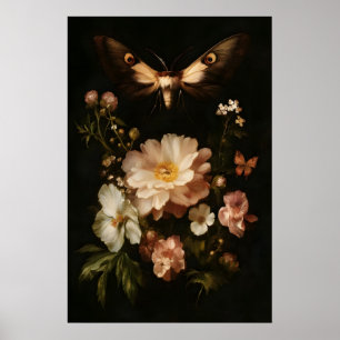 Mariposa Botánica Oscura Arte Floral Antiguo