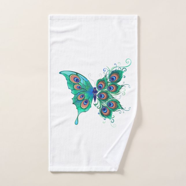 Mariposa con plumas de pavo real verde (Toalla de mano)