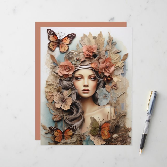 Mariposa dama con flores Página de arte (Anverso/Reverso In Situ)