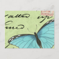 Mariposa de ala azul en postal Verde azulada