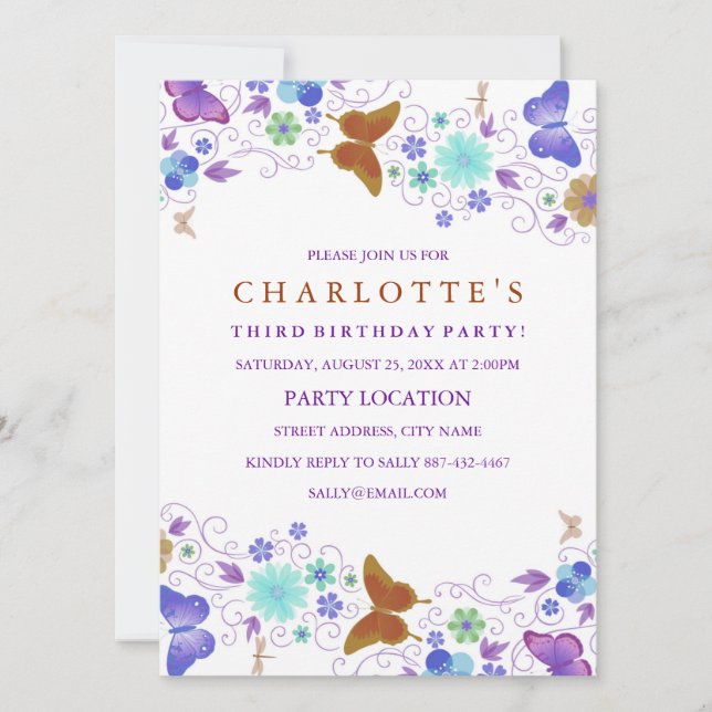 Mariposa de Bonito púrpura| Invitación al cumpleañ (Anverso)
