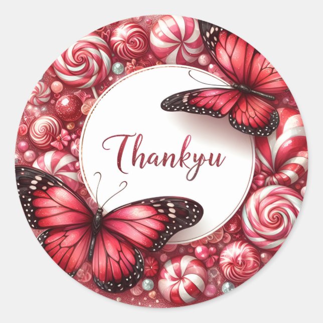 Mariposa de Candy Rojo Gracias Pegatina (Anverso)