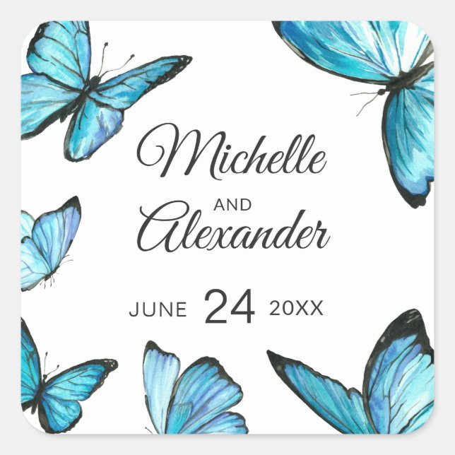 Mariposa de color azul Monograma Pegatina clásico (Anverso)