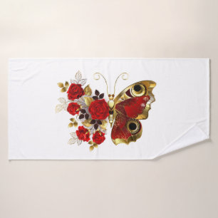 Mariposa de flor roja con rosas rojas