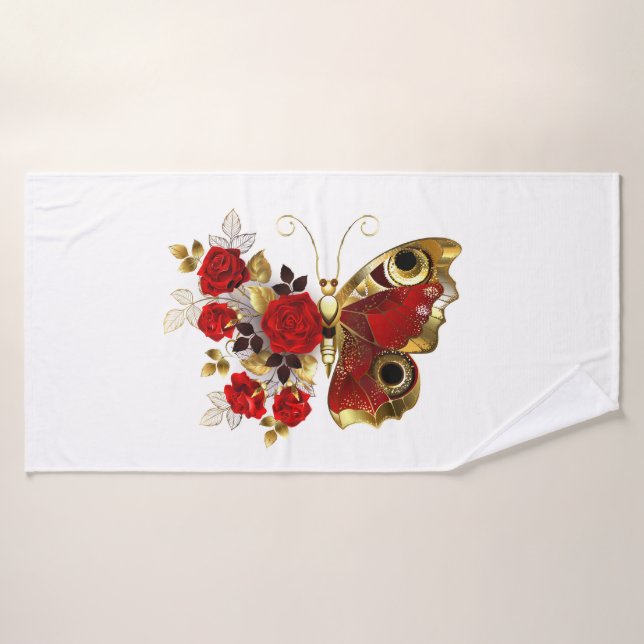 Mariposa de flor roja con rosas rojas (Toalla de baño)