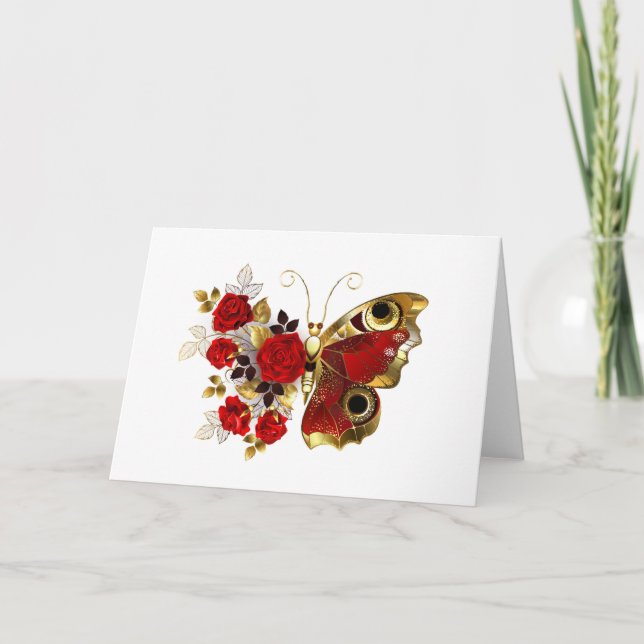 Mariposa de flor roja con rosas rojas (Anverso)