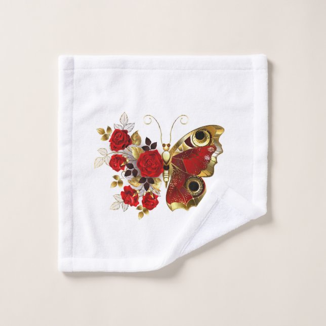 Mariposa de flor roja con rosas rojas (Toallita)