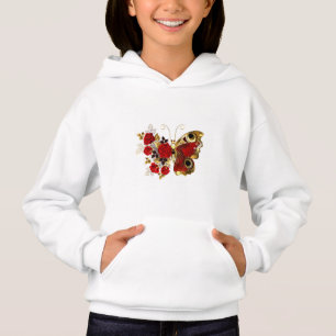 Mariposa de flor roja con rosas rojas