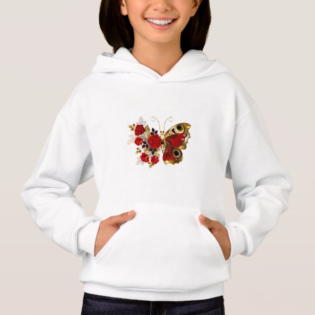 Mariposa de flor roja con rosas rojas (Anverso)