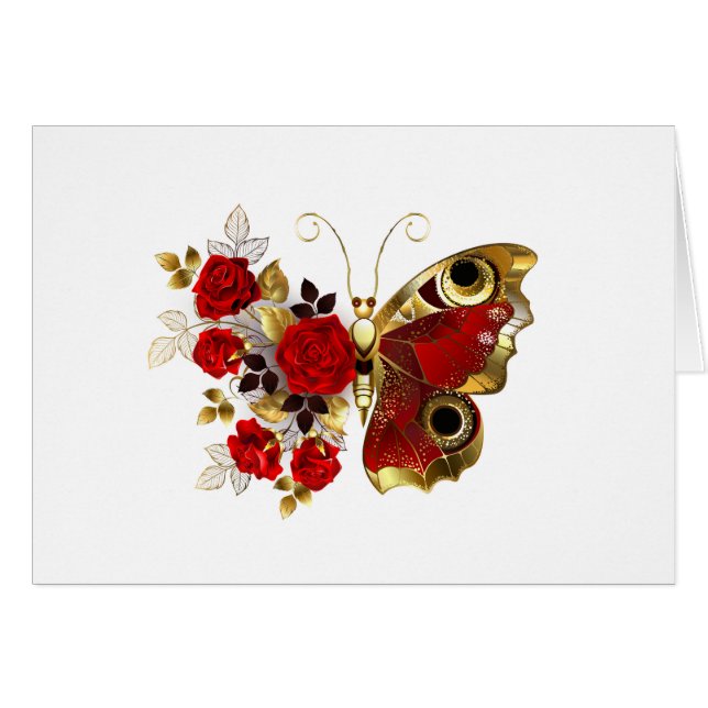 Mariposa de flor roja con rosas rojas (Anverso (Horizontal))