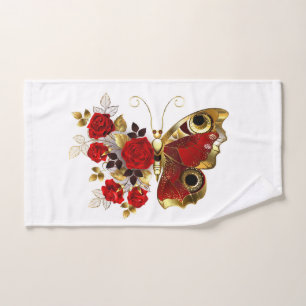 Mariposa de flor roja con rosas rojas
