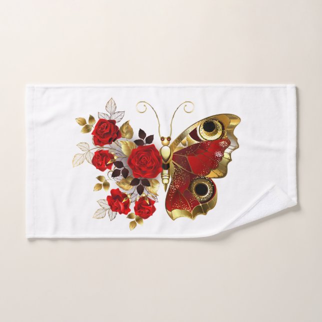 Mariposa de flor roja con rosas rojas (Toalla de mano)