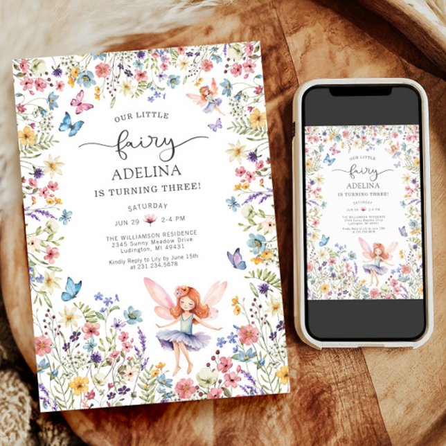 Mariposa de Flor Silvestre Invitación de cumpleaño (Wildflower Fairy Butterfly 3rd Birthday Invitation)