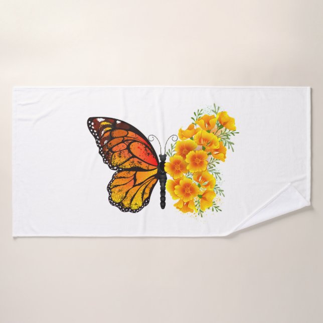 Mariposa de flores con amapola amarilla de Califor (Toalla de baño)