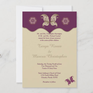 Mariposa de oro púrpura 5x7 Invitación a la boda