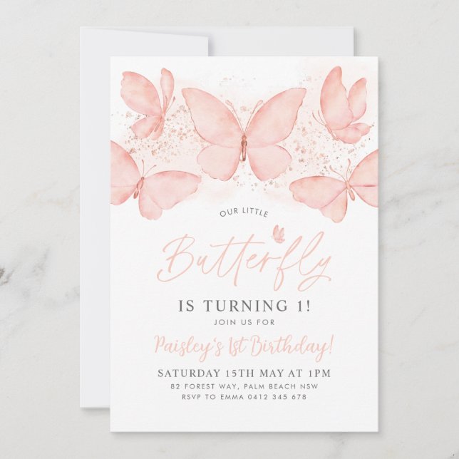 Mariposa de Peach Invitación de cumpleaños Primera (Anverso)