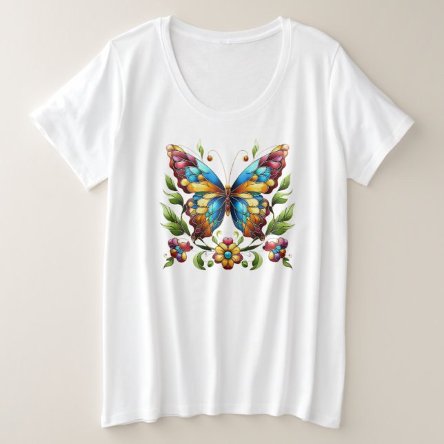 Mariposa de vidrio coloreado con flores (Anverso del diseño)