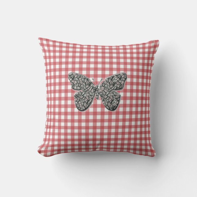 Mariposa Elegante En El Cojín De Gingham Rojo (Anverso)