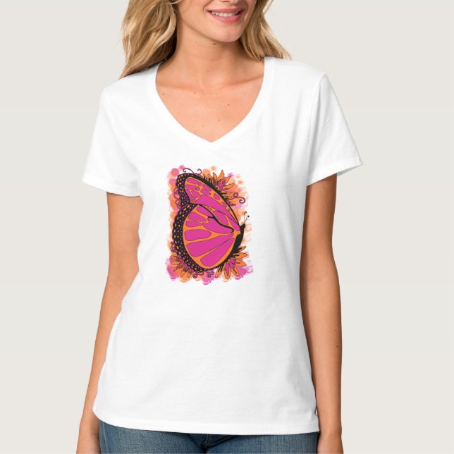 Mariposa en camiseta rosada y anaranjada (Anverso)