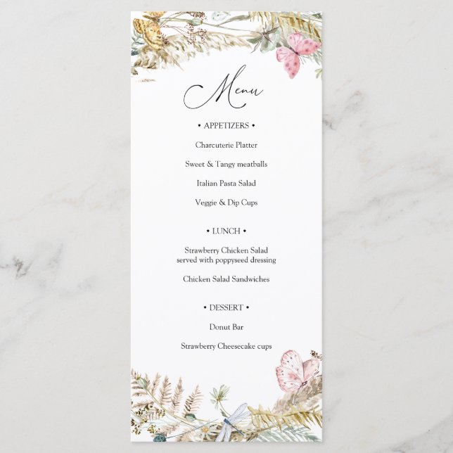 Mariposa en el menú de Baby Shower Way Boho (Anverso)