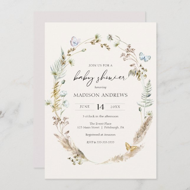 Mariposa en la invitación de Baby Shower Way Boho (Anverso / Reverso)