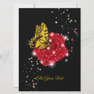 Mariposa en rosa roja con estrellas y gotas de llu