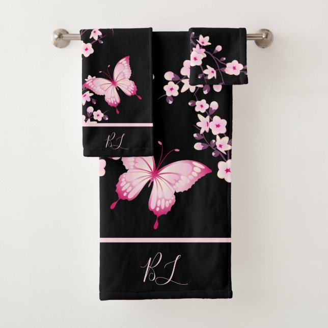 Mariposa floral Monograma rosa negro (In situ)