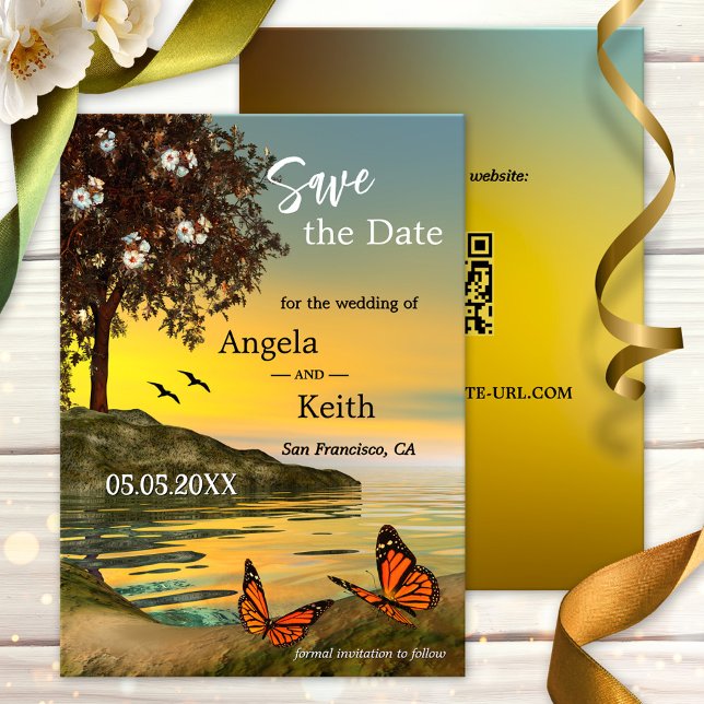 Mariposa floral romántica Guardar tarjeta de fecha (Save the Date card featuring a painting of two butterflies in a coastal or lake landscape at sunset)