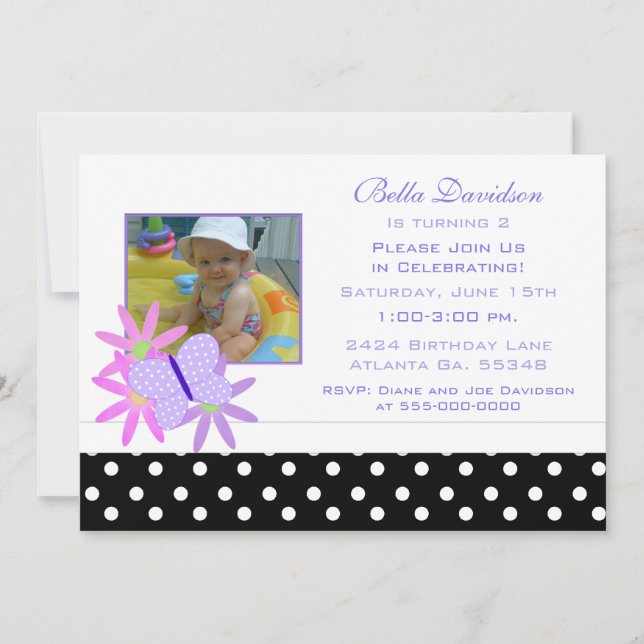 Mariposa, flores y polka Dot Party Invitación (Anverso)