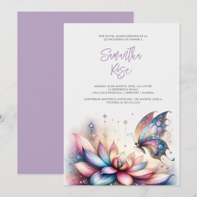 Mariposa mágica púrpura Quinceanera (Anverso / Reverso)