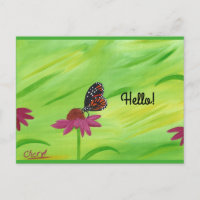 Mariposa monarca en flores rosadas Hola postales