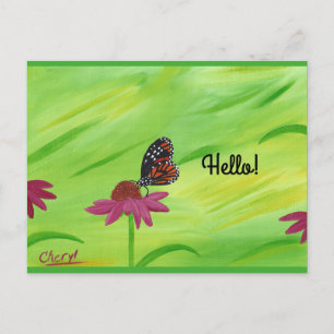 Mariposa monarca en flores rosadas Hola postales