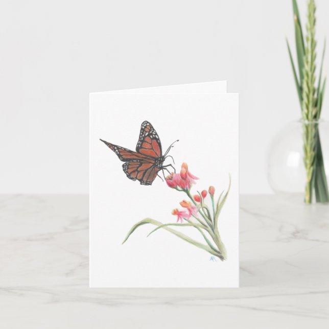 Mariposa monarca en una tarjeta de notas de flores (Anverso)