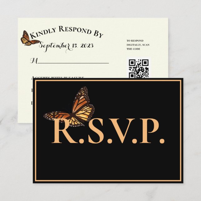 Mariposa monarca simple negra QRC RSVP (Anverso / Reverso)
