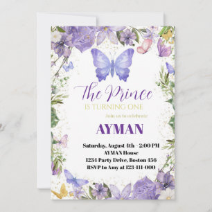 Mariposa morada 1er cumpleaños invitación para niñ
