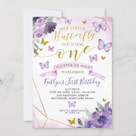 Mariposa morada y dorada Invitación al primer cump