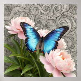 Mariposa Morpho Azul Arte Floral Botánico Poste