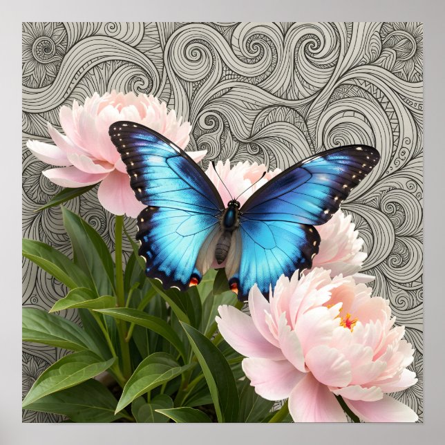 Mariposa Morpho Azul Arte Floral Botánico Poste (Frente)