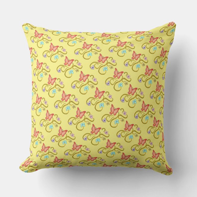 Mariposa naranja con almohada cuadrada de flores d (Anverso)