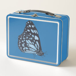 Mariposa negra con manchas azules, cajas de comida