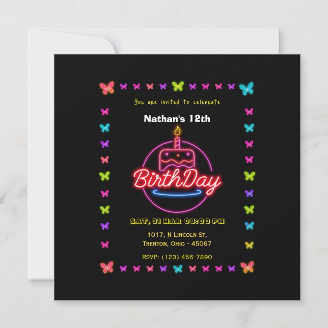 Mariposa Neon con tarjeta de cumpleaños para paste (Anverso)