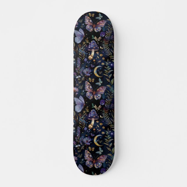 Mariposa Oscura Botánica Celestial Skateboard (Anverso )