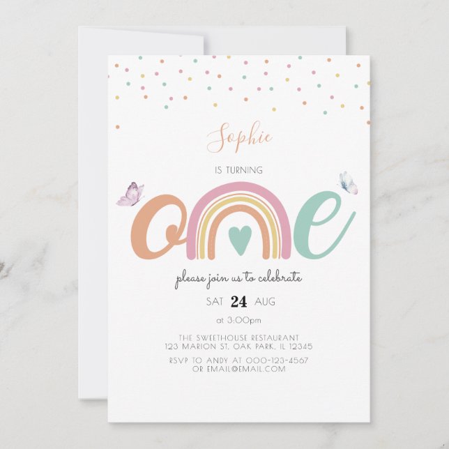 Mariposa Pastel Arcoiris Primera Invitación de Cum (Anverso)