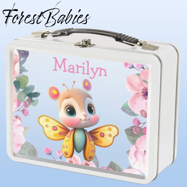 Mariposa pequeña con borde de flor rosa (Butterfly, Pink Floral Customizable Lunch Box)