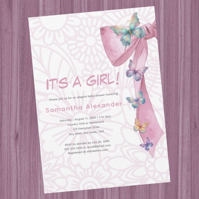 Mariposa Pink baby ducha Invitación (Butterfly pink bow baby shower invitation.  It's a girl. Girly design. Coquette pink butterfly bow.)