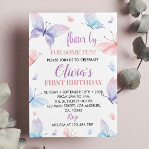 Mariposa Primer cumpleaños Invitación Chica Whimsi