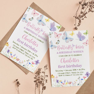 Mariposa Primer cumpleaños Invitación Flor silvest